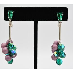 Lewis Segal Vintage Crystal Dangle Earrings Blue Purple Cluster Signed 80s BinH